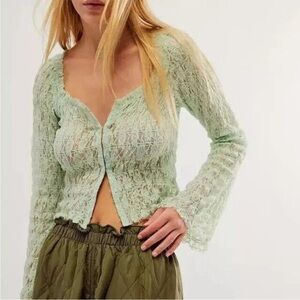 Free People Madison Sheer Long Sleeve Mint Lace Top size: L and size:XL NWT